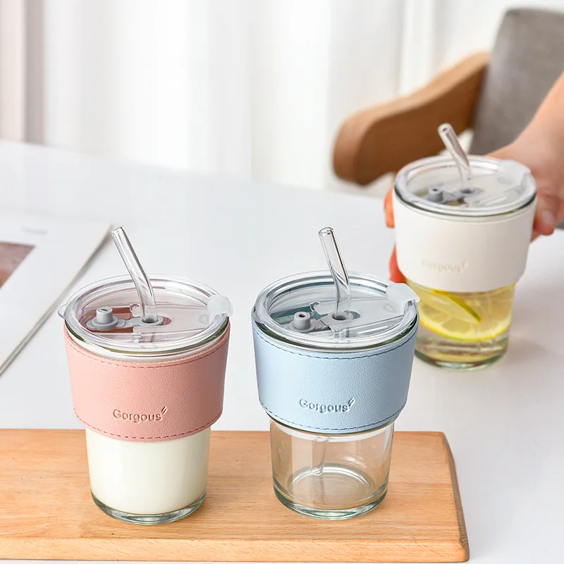 400ML Drinking Glasses with Lids Glass Straw Cup Set Can Shaped Glass Cups Beer Glasses Coffee Milk Juice Drinkware Tumbler Cup