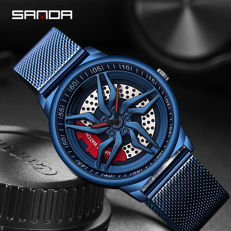 

SANDA Fashion Men Racing Watches 360° Rotating Dial Design Blue Mesh Strap Luminous 30M Waterproof Quartz Watch Reloj Hombre