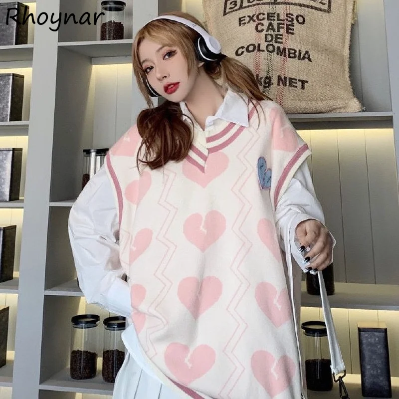 Pink Sweater Vest Women Fashion Heartembroidery Allmatch Sweet Street Wear Korean Style Casual