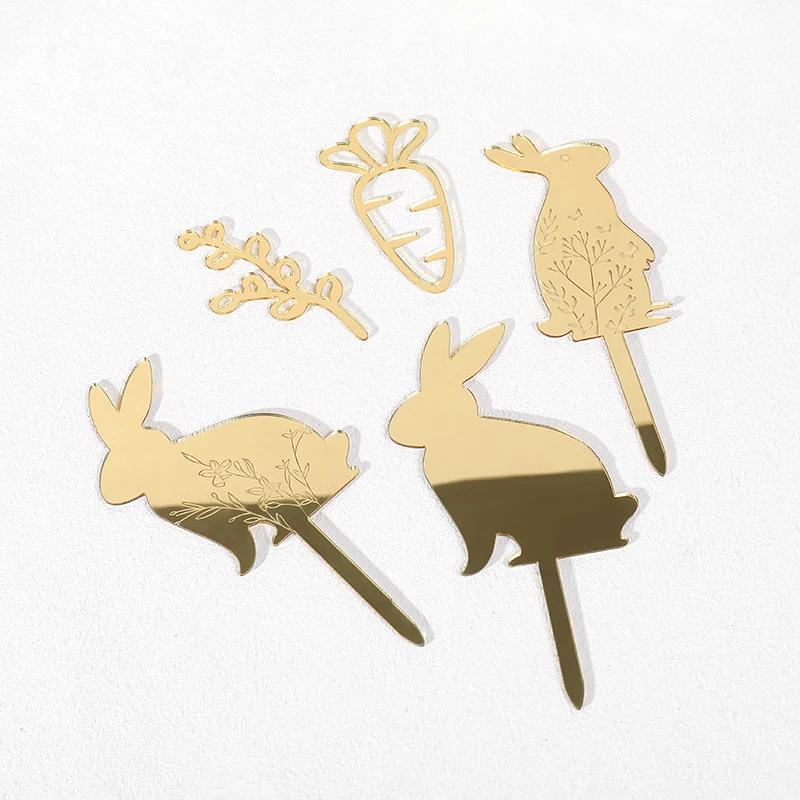3/5pcs Easter Party Cake Decoration Gold Acrylic Rabbit Carrot Cupcake Toppers Happy Easter Dessert DIY Decor Kids Birthday Gift