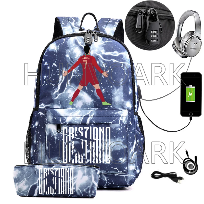thumbnail image 1 of Mochila para portátil CR7 de 2 piezas, de 18 pulgadas, para adolescentes, niñas y niños, con carga USB, para viajes independientes, para exteriores, 1 of 4