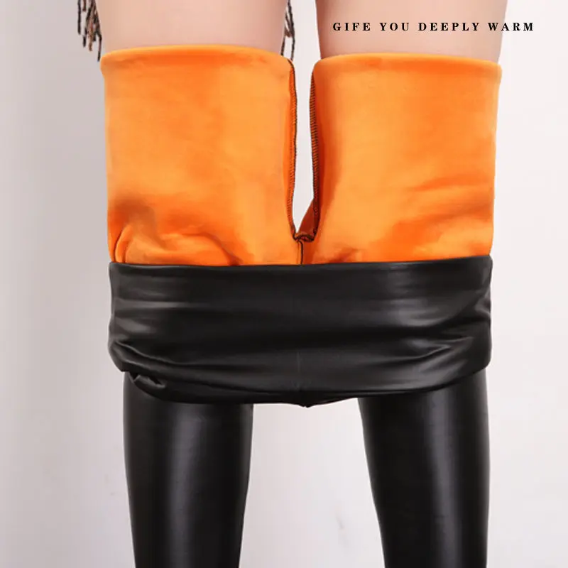 Thick Winter Leggings Faux Leather Pants for Women Open Crotch Outdoor Sex Warm Tights Sexy Casual Velvet Pu High Waist Trousers