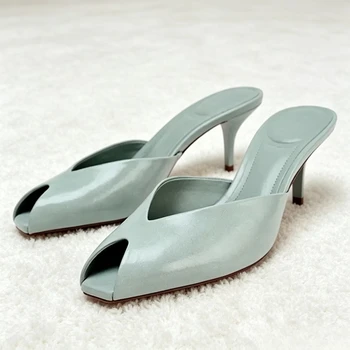 Sexy Peep Toe Design Brand High Heel Slippers Women High Quality Patent Leather Thin Heel Slide Sandals Fashion Party Dress Shoe