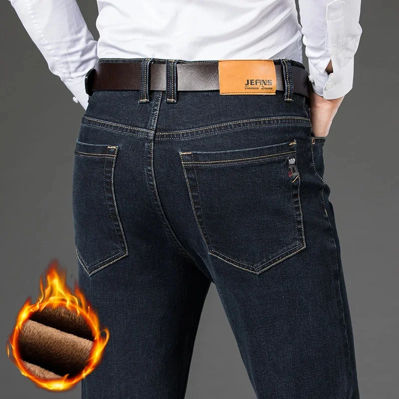 thumbnail image 1 of Pantalones vaqueros casuales de lana de invierno para hombre, de talla grande 42 44 46, de algodón elástico a la moda, gruesos y cálidos, de marca para hombre, 1 of 4