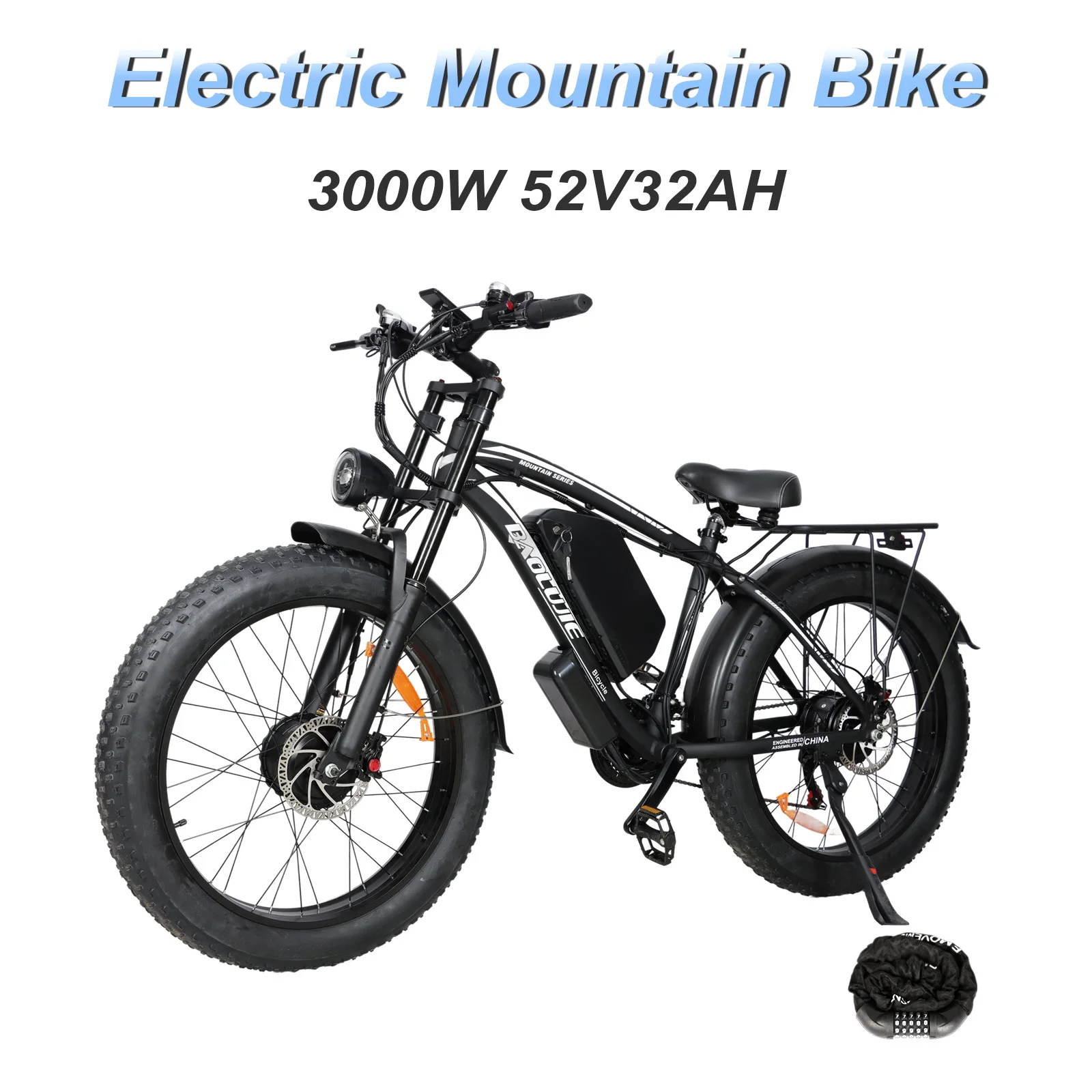 3000W Dual Drive High Speed Electric Bike 52V32AH Battery Range 80KM 55KM/H 26x4.0 Fat Tire Front and Rear Hydraulic Disc Brake