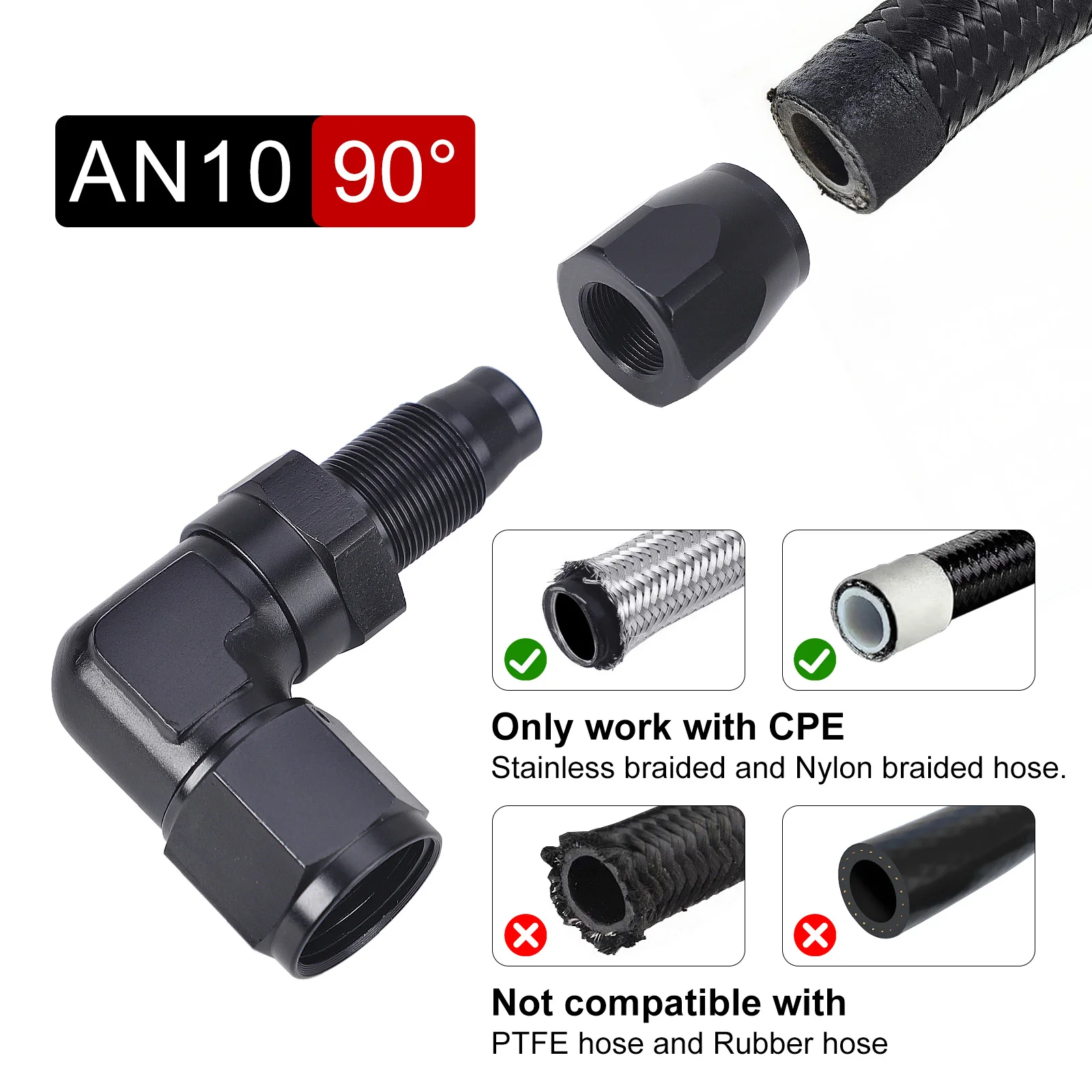 Aluminium 45-Grad- und 90-Grad-Schlauchanschluss-Adapter, 2 Stück, drehbar, AN4 AN6 AN8 AN10 für Öl- und Kraftstoffleitungen, CPE-Leitung, Auto-Ölkühler-Kit – Detail 5