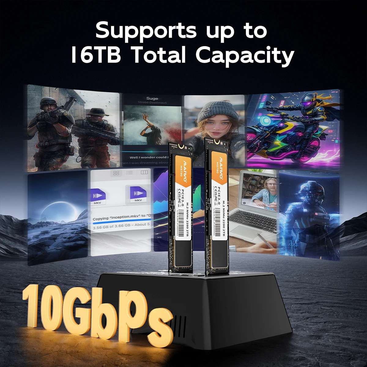 MAIWO SSD 케이스 듀얼 베이 M.2 NVMe 인클로저 10Gbps USB3.2 Gen2 SSD 어댑터 (오프라인 복제 기능 포함) 맥북, 아이패드, PC용 8TB 용량