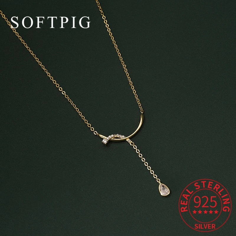 

SOFTPIG Real 925 Sterling Silver 14K Gold Plated Zircon Sweater Chain Choker Necklace For Women Party Trendy Fine Jewelry