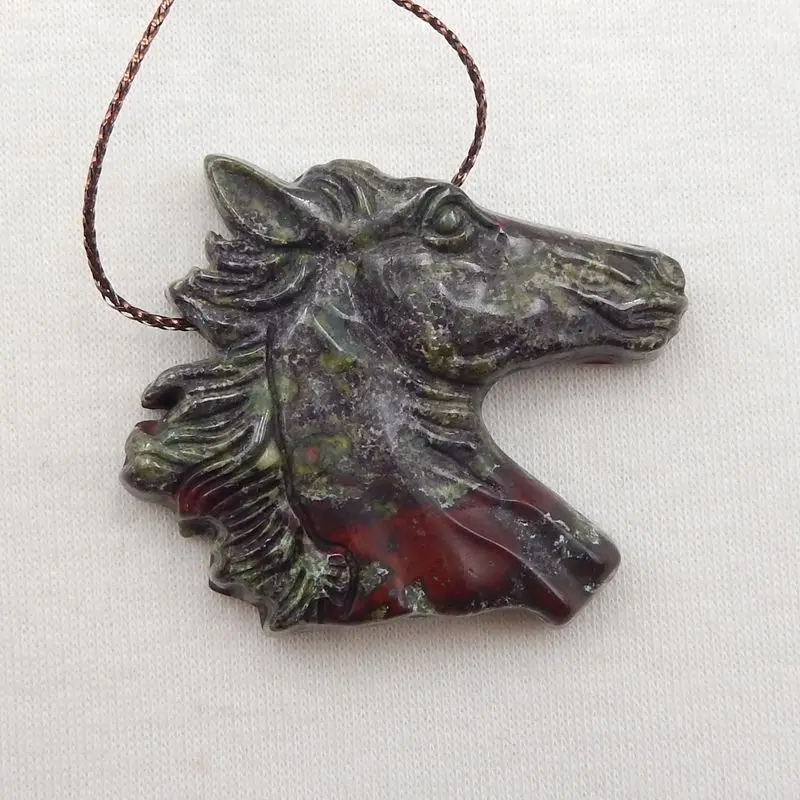Semiprecious Natural Stone Dragons Blood Jasper Carved Horse Pendant Bead 41x39x8mm 26g Fashion Jewelry Necklace Accessories