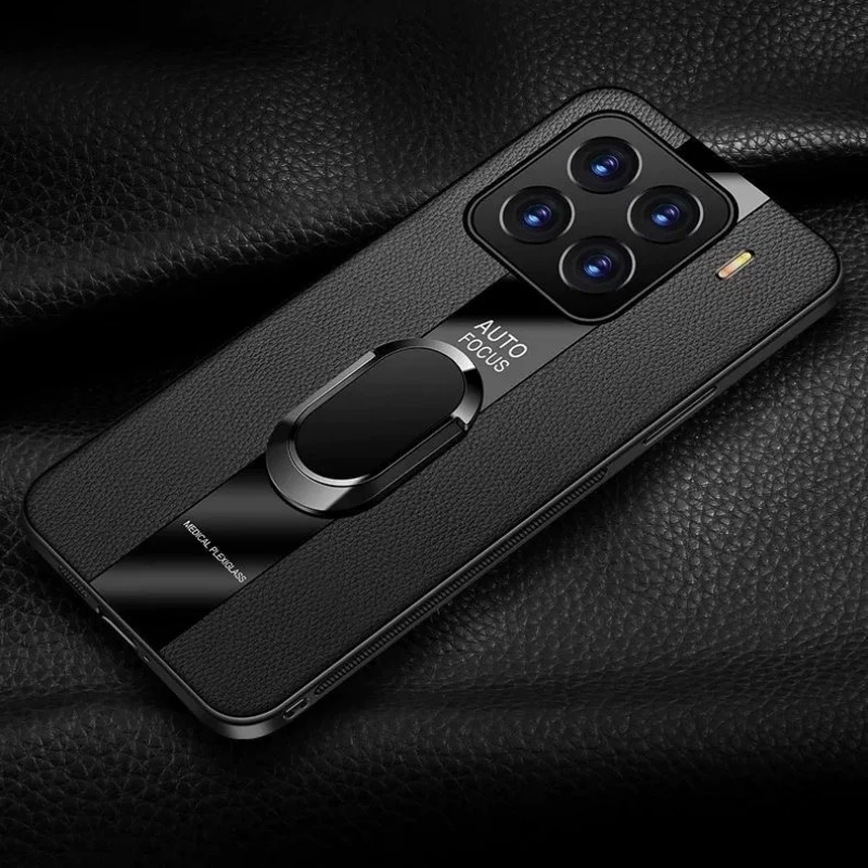 Luxury Leather Magnetic Case with Ring Holder and Shockproof Silicone Bumper