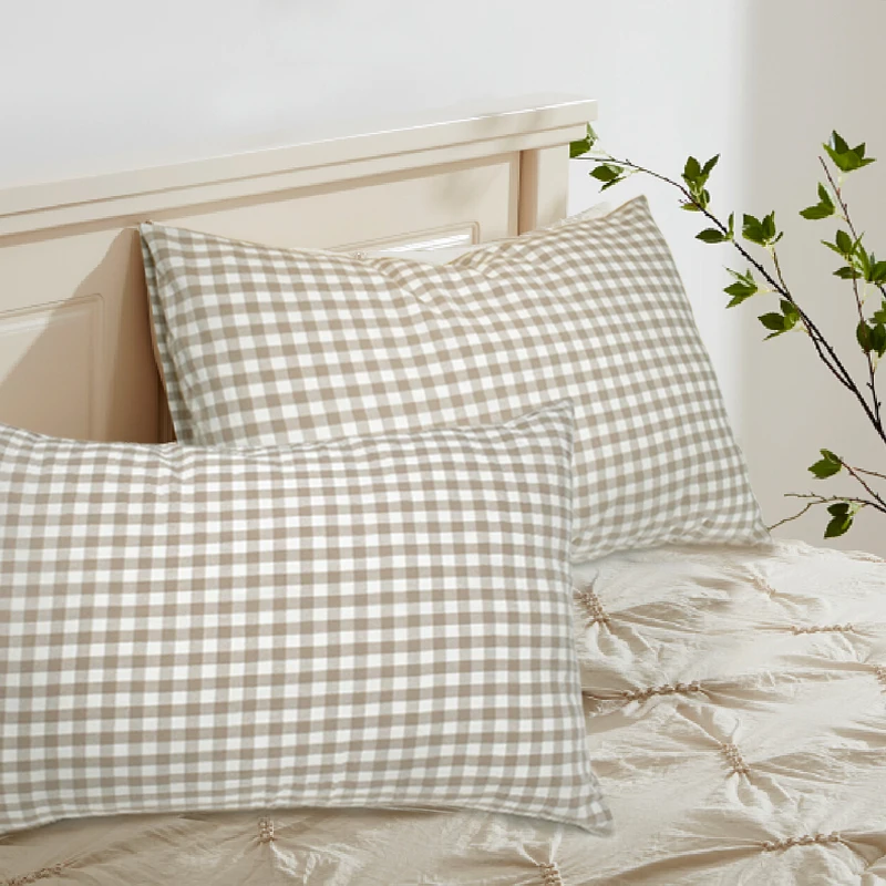 Washed Cotton Pillow Case Soft Classic Checkered Pillow Cover Comfortable Pillowcases High Quality Envelope Closure Khaki