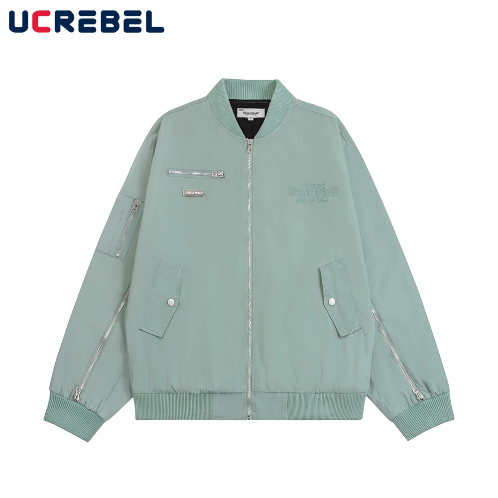 

Zipper Decoration Ma-1 Bomber Jacket Mens Casual with Rivets Streetwear Autumn Loose Stand Collar Outerwear Men