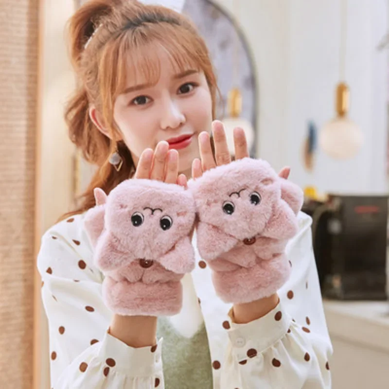 Lovely Plush Cat Mittens Fingerless Gloves Women Winter Warm Rabbit Fur Knit Mittens Flip Half Finger Gloves for Cycling Driving 2