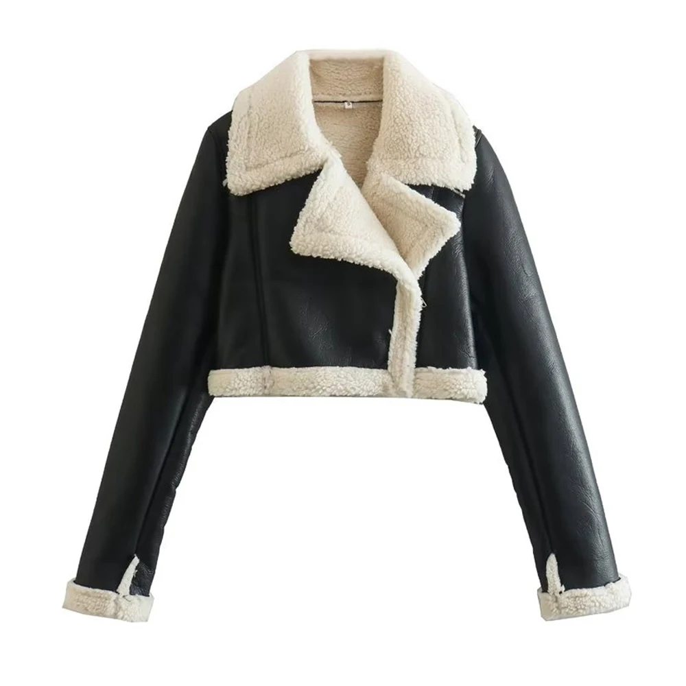 

TRAF Women Fashion Thick Warm Faux Shearling Crop Jacket Coat Vintage Long Sleeve Front Zipper Female Outerwear Chic Tops