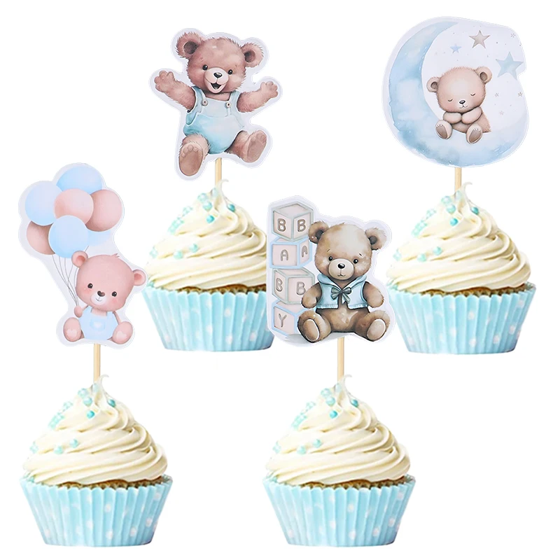 12/24Pcs Cartoon Bear Cupcake Toppers for Kids Baby Boy Girl 1st Birthday Party Cake DIY Decoration Blue Pink Baby Shower Favors