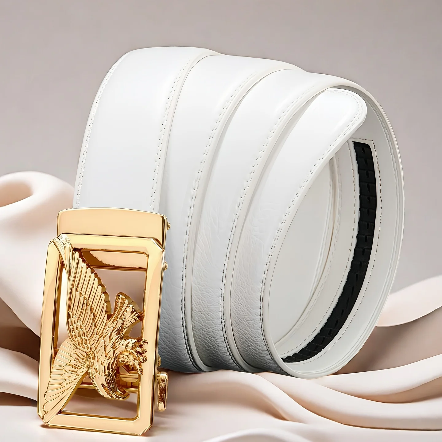 Weißer Herrengürtel mit automatischer Schnalle, goldenes metallisches Adler-Design, Business, Freizeit, Hochzeiten und Geschenke für Männer Ihn, formeller Gürtel – Detail 7