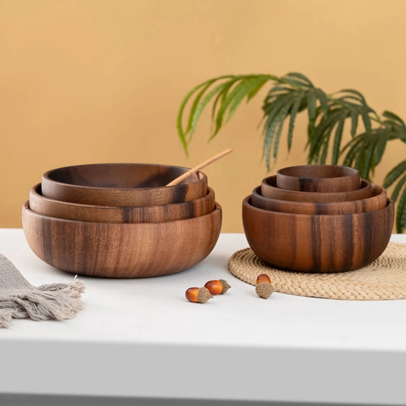 A82X-Wooden Salad Bowl Round Dessert Displays Serving Trays Fruit Food Salads Snack Soup Bowl For Home Coffee Shop