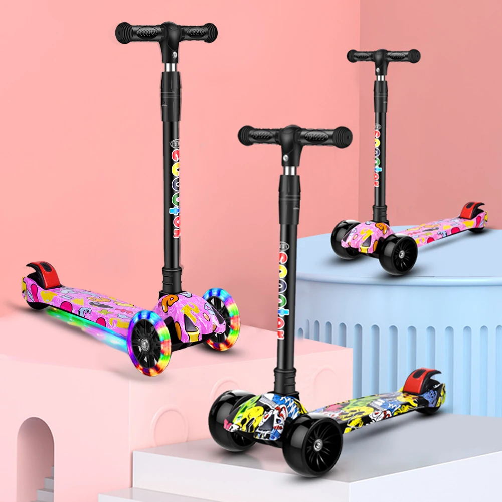 Foldable Kick Scooter Light-Up Wheels 3 Wheel Scooter Adjustable Height Kids Push Non-Slip Deck for Kids Ages 2-10