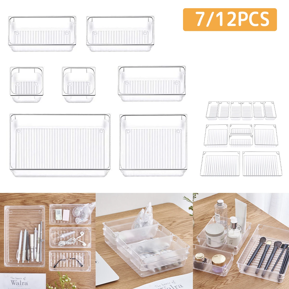 Kyoffiie 7/12 PCS Drawer Organizers 4-Size Clear Acrylic Drawer
