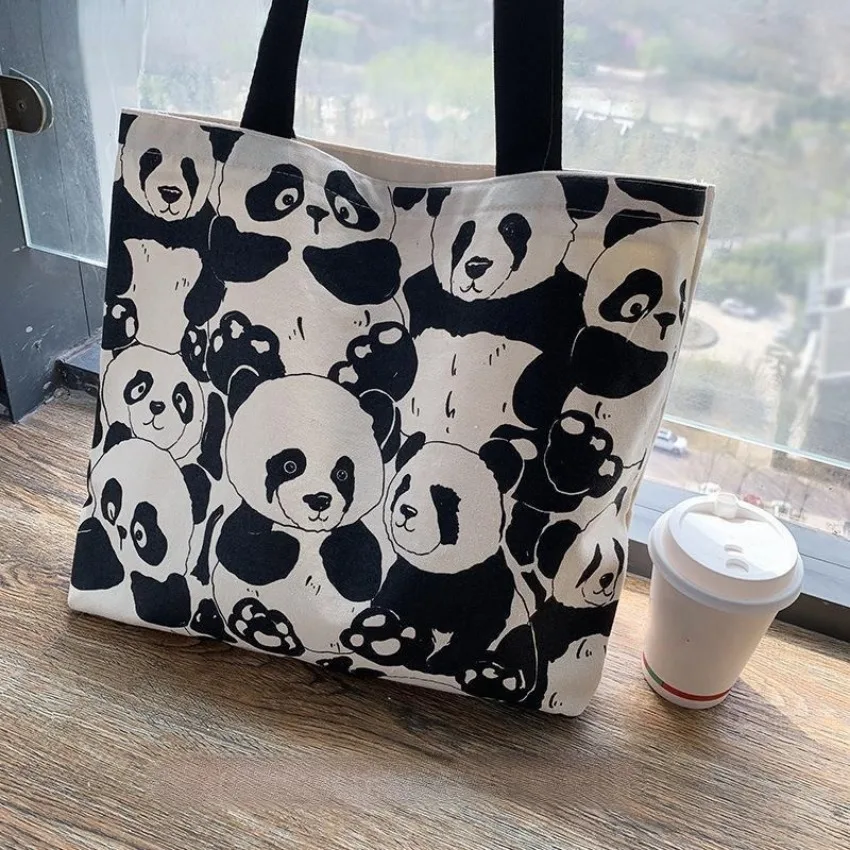 Canvas Bag Women's Shoulder Chinese Style High Capacity Zipper Canvas Bag Portable Shopping Bag Double Cute Panda Sided Printing Canvas Bag Women's Shoulder Chinese Style High Capacity Zipper Canvas Bag Portable Shopping Bag Double Cute Panda Sided Printing