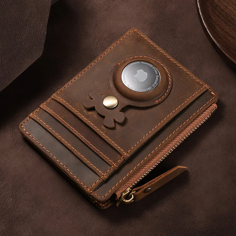 Airtag Wallet Case Credit Card Holder Cowhide Leather Men Slim Wallet RFID Coin Purse for Apple Airtag Tracker Protective Case
