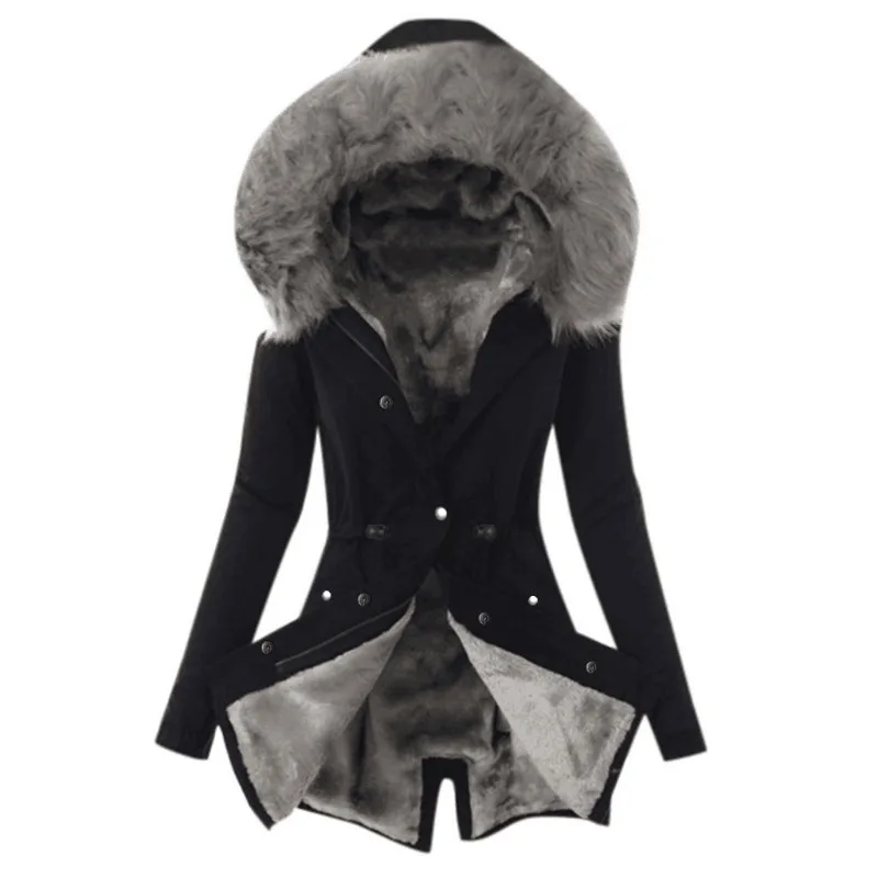 2023 Winter New Women Fur Collar Loose Solid Color Leisure Warm Cotton-Padded Clothes Female Mid-Length Fashion Hooded Parkas