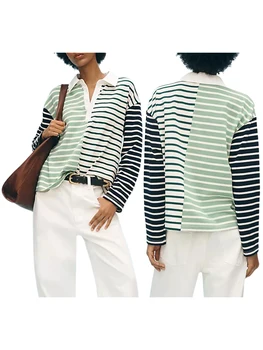 Women's Striped Blouse with Half Button Down Detail Lapel Neck and Long Sleeves - Casual Streetwear Fashion Top 1