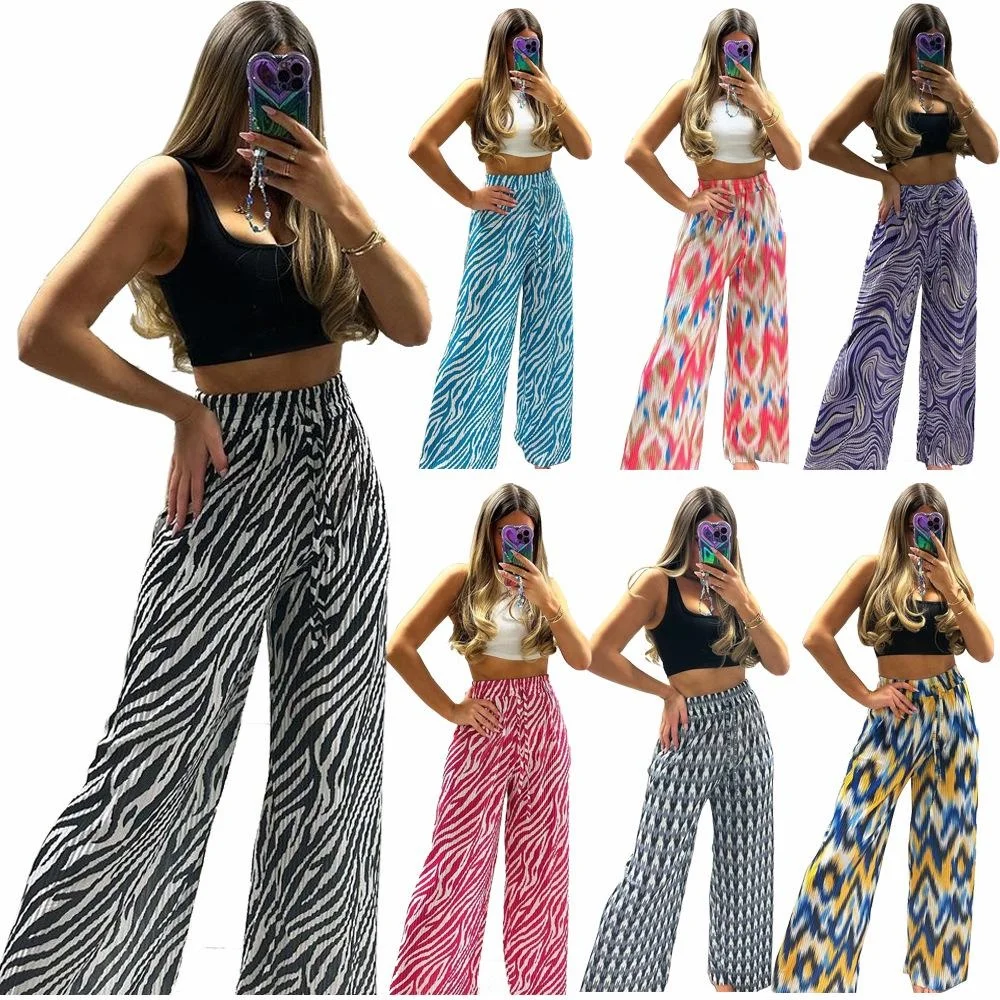 

2023 European and American women's fashion printed wide leg new casual pants