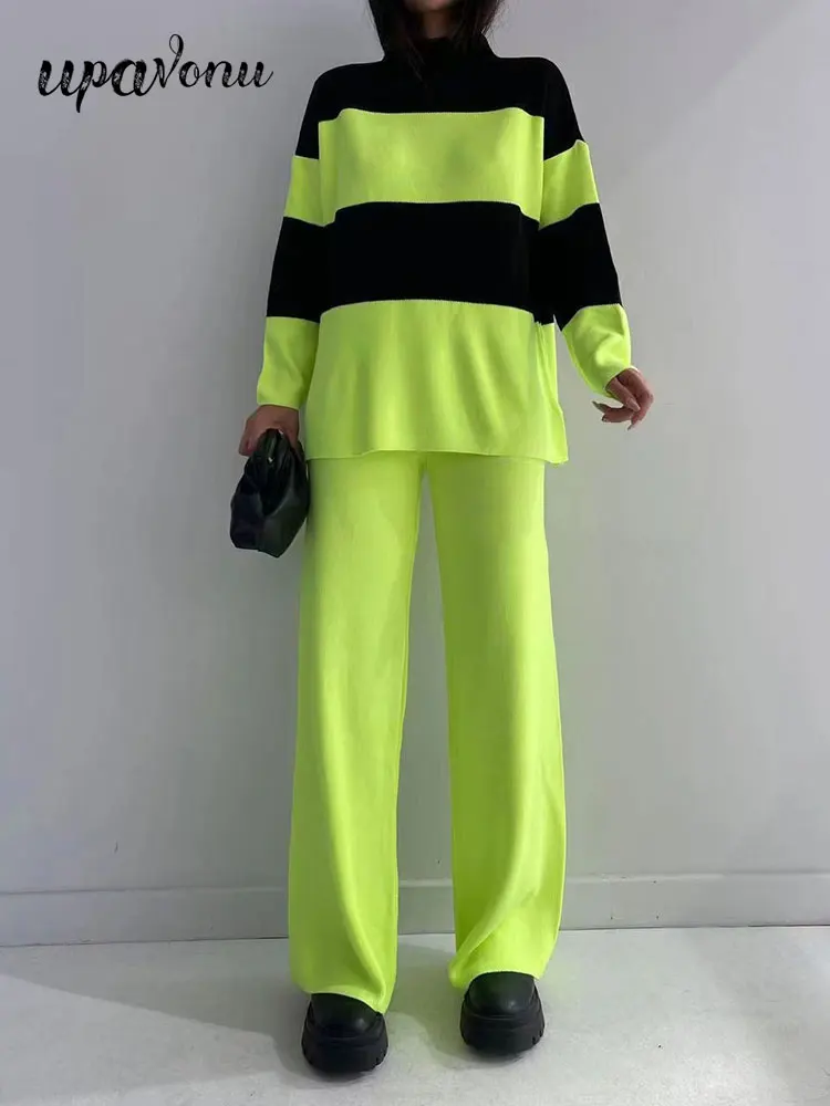 

Casual Women Loose Color Matching Sweater And Pants Set Fashion Long Sleeved Pullover Knitted Sweater&Flared Pants Two-Piece Set