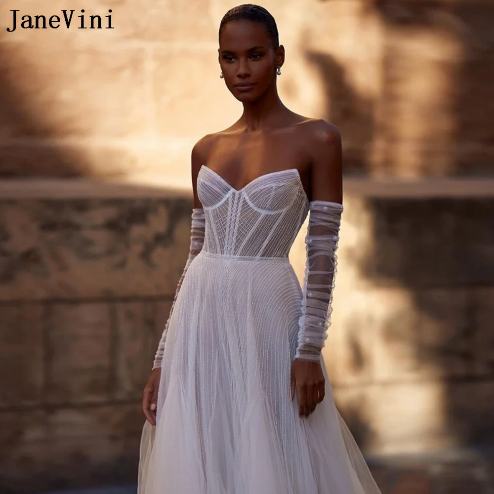 JaneVini White Bridal Gloves Fancy Sheer Gloves Women Pearl Wedding Sleeves Detachable Pleated Tulle Arm Sleeves Ivory Black women fashion pleated wrist cuffs elegant flared gloves lace pleated horn cuffs detachable shirt false sleeves