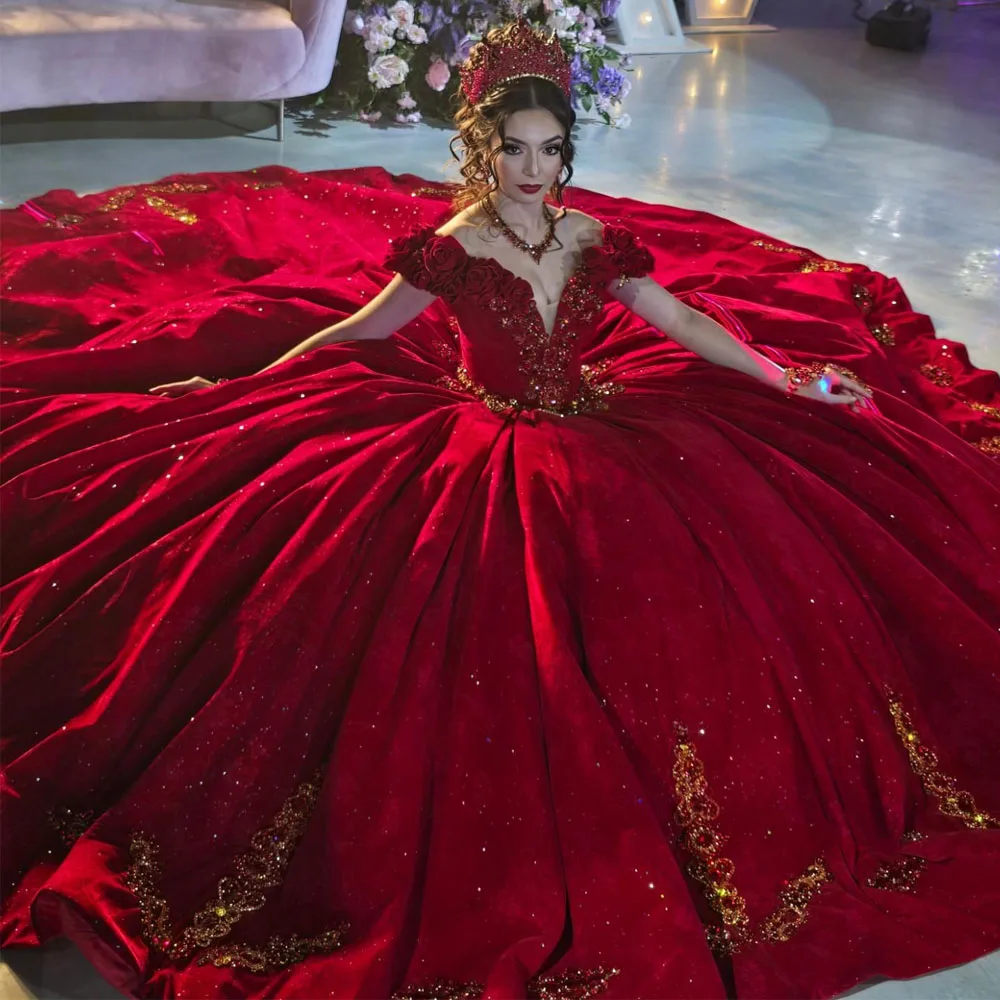 Red Quinceanera Dress Ball Gown Off Shoulder 3D Flower Applique With Cap  Sweet16 | eBay