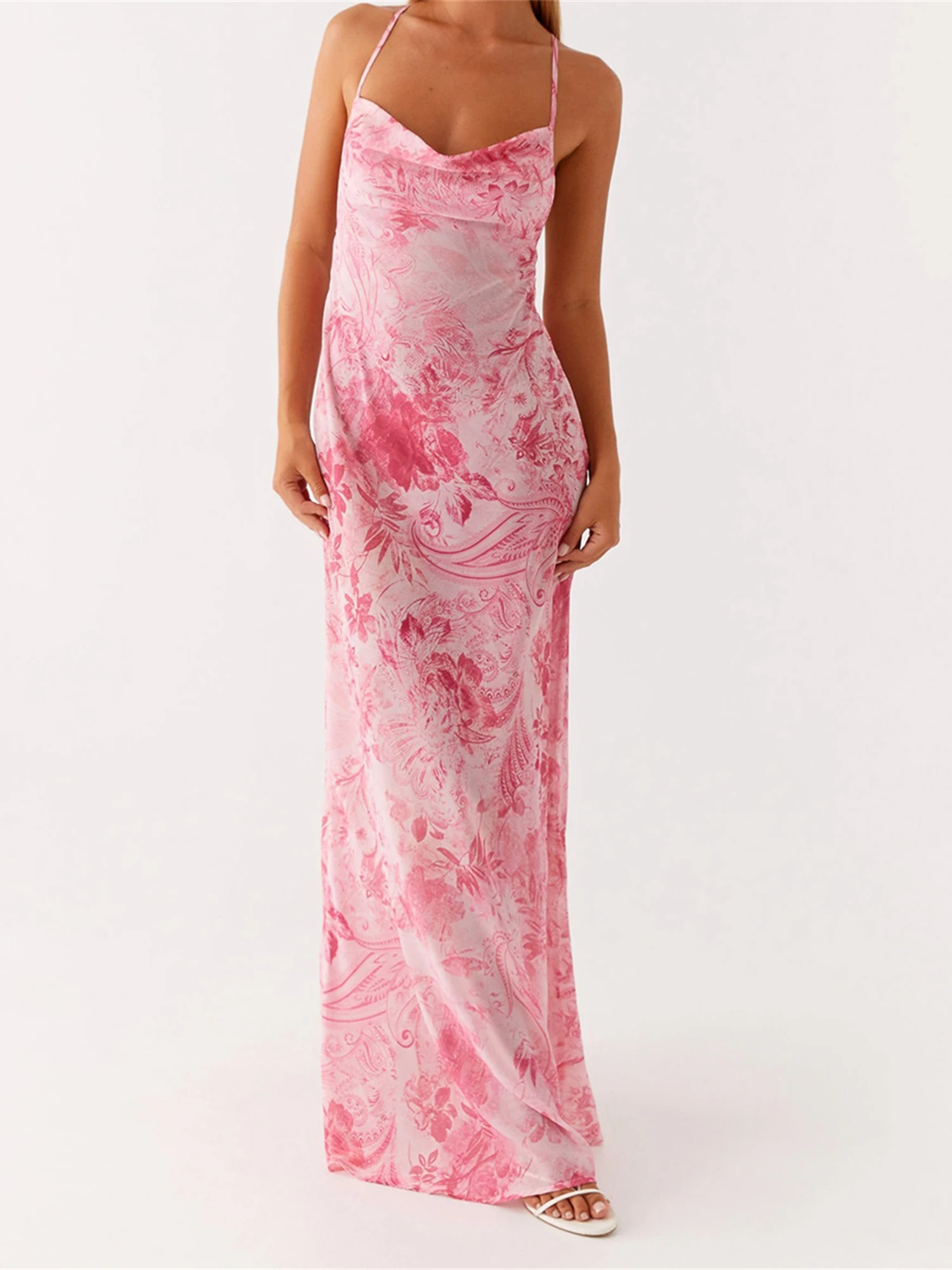 Elegant Sleeveless Floral Print Maxi Dress with Cowl Neckline and Open Back Tie Detail for Evening Party or Clubwear