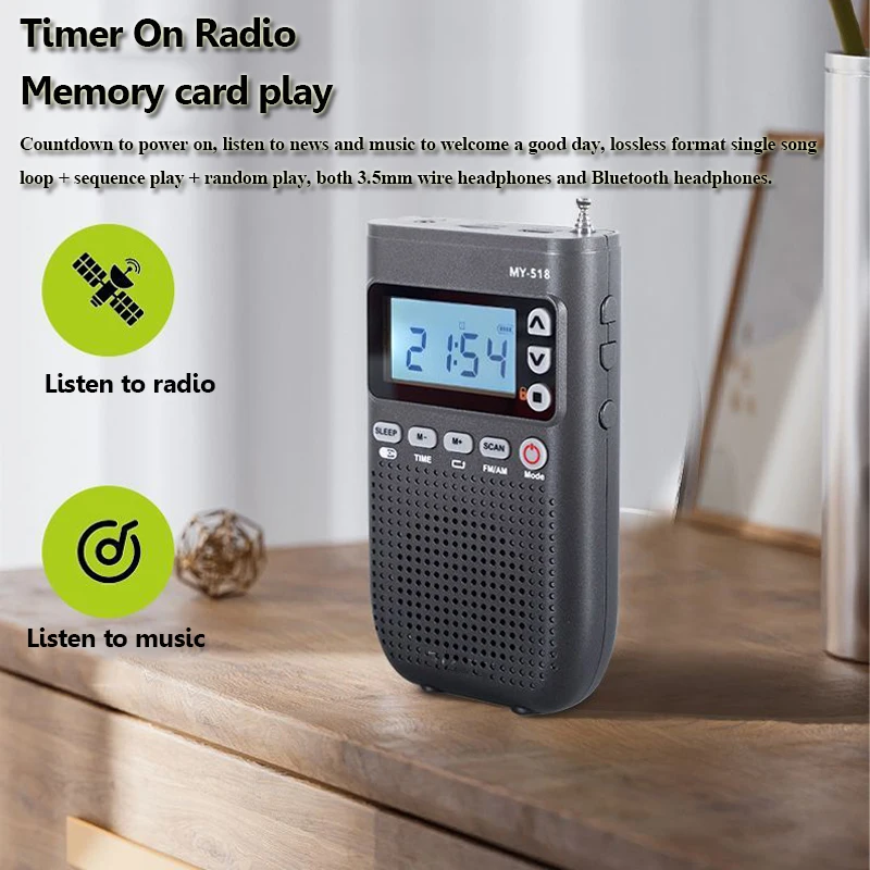 Mini Pocket FM AM Radio Bluetooth Earphones Compatible Radios Clock Display Sleep Timer Digital Radio TF MP3 Player Walkman