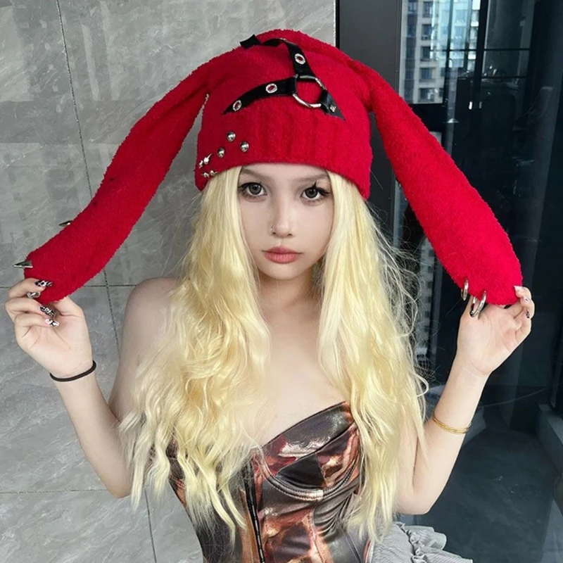 Punk Rivet Belt Hat for Girl 2000s Rabbit Ears Hat Winter Autumn Warm Outdoor Windproof Street Hiphop