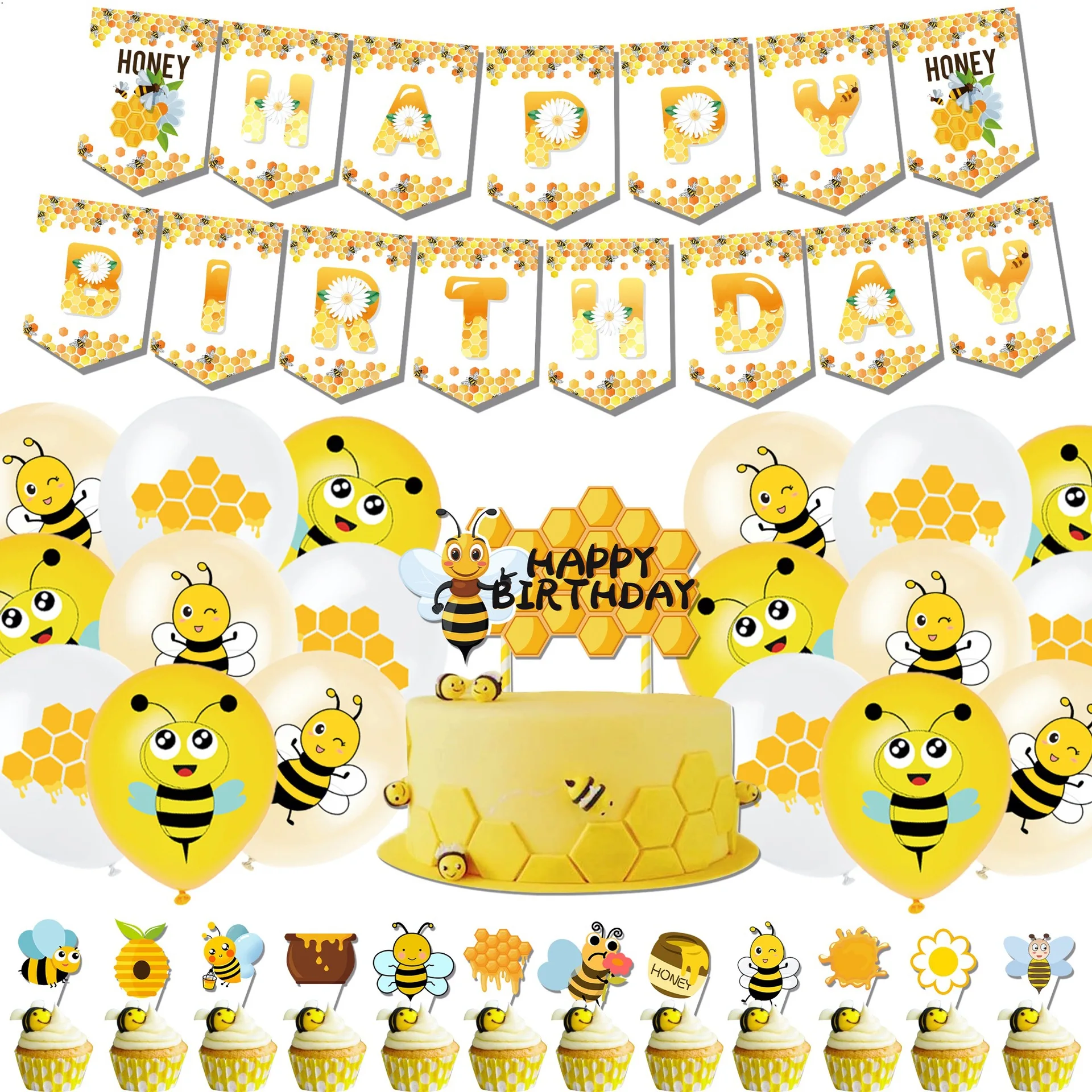 

Bee Children Birthday Party Decoration Supplies Baby Shower Honey Pull Flag Banner Honeybee Cake Flag Latex Balloon Props
