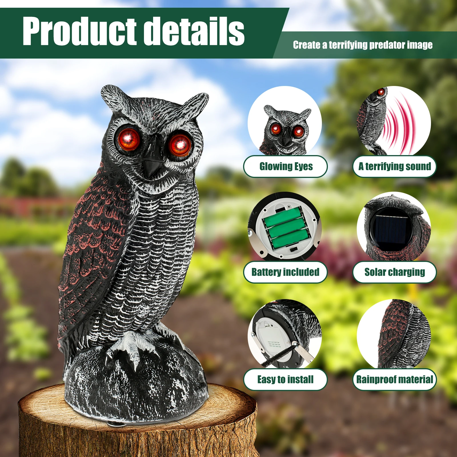 Description Picture 3 of itemBird Repeller Realistic Owl Waterproof Solar Fake Owl Decoy Frightening Fake Owl Scare Bird Control Devices with Rotating Head