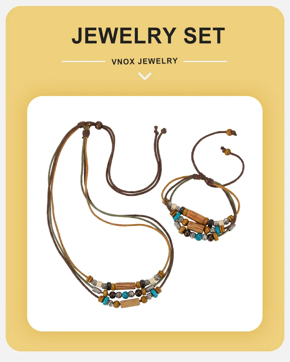 Vnox 2-teiliges Set Herren Verstellbare Halskette & Armband Schmuckset, Vintage Holzperlen Legierung Zwischenperlen Mehrschichtiges Geflecht-Collier – Detail 1