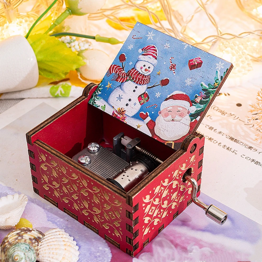 Music Box Red Merry Christmas Theme Carving Wooden Hand Crank Santa Claus New Year Christmas Gift Children Friend