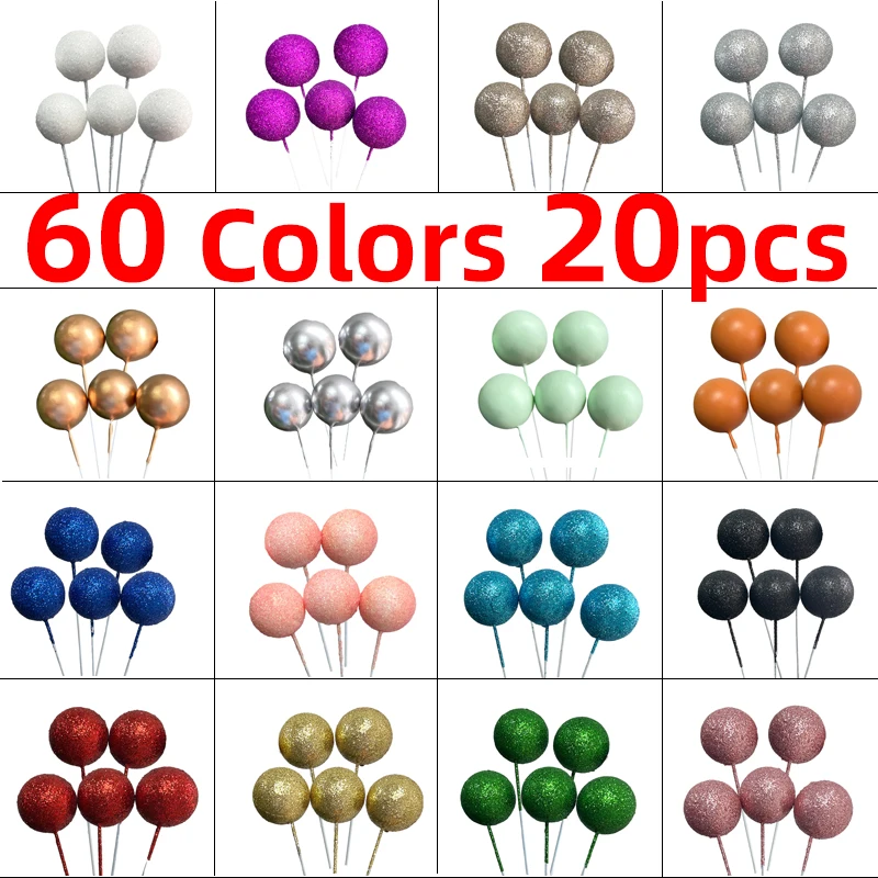 20pcs Balls Cake Topper Colorful Glitter Metal Balls Silver Gold Ball for Birthday Party Wedding Cake Decoration Christmas Decor
