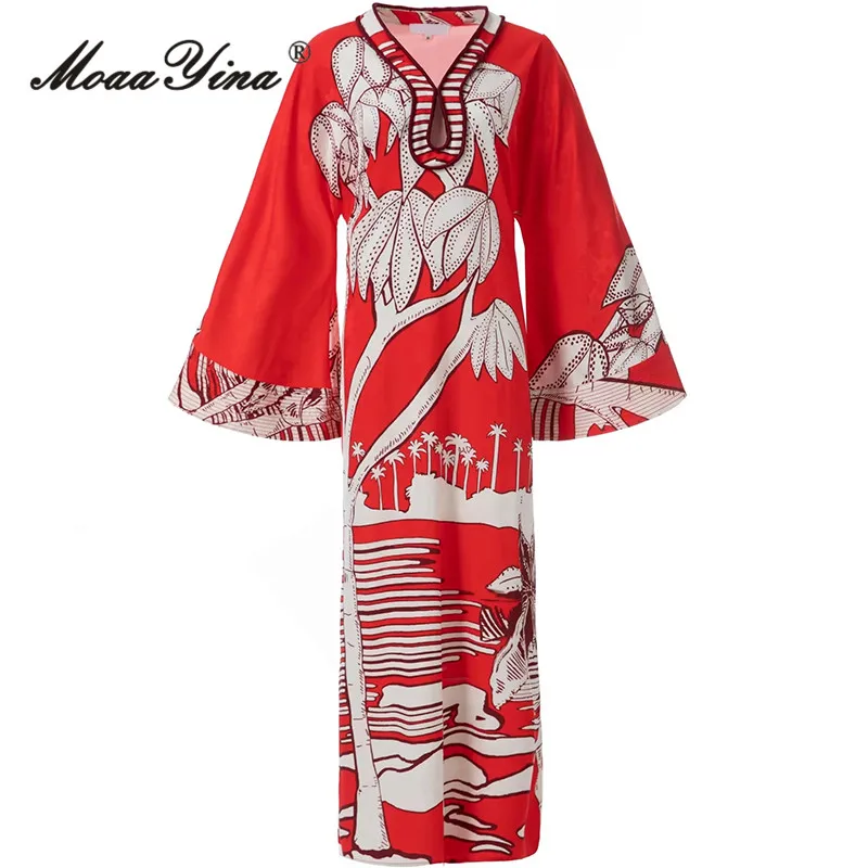 

MoaaYina Fashion Designer dress Spring Summer Women Dress V-Neck Flare Sleeve Scenery Print Casual Loose Maxi Dress