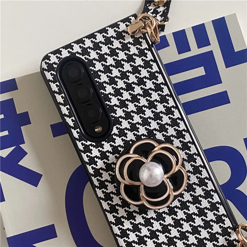 3D Camellia PU Leather Houndstooth Pattern Phone Cover For Samsung