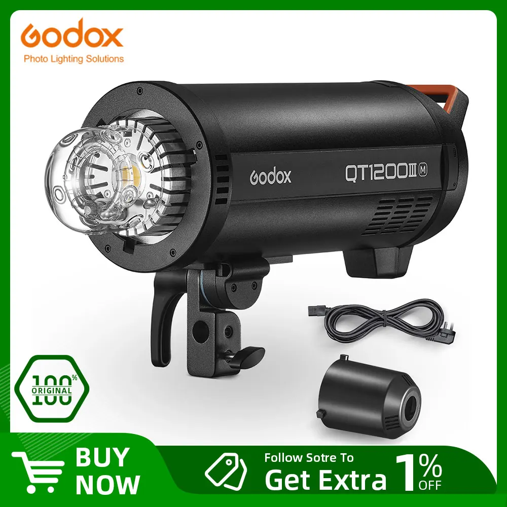 Godox QT1200III 1200W Quicker Studio Flash 5600K Bowens Mount Flash Duration 1/29600s 2.4G Wireless System 40W LED Modeling Lamp