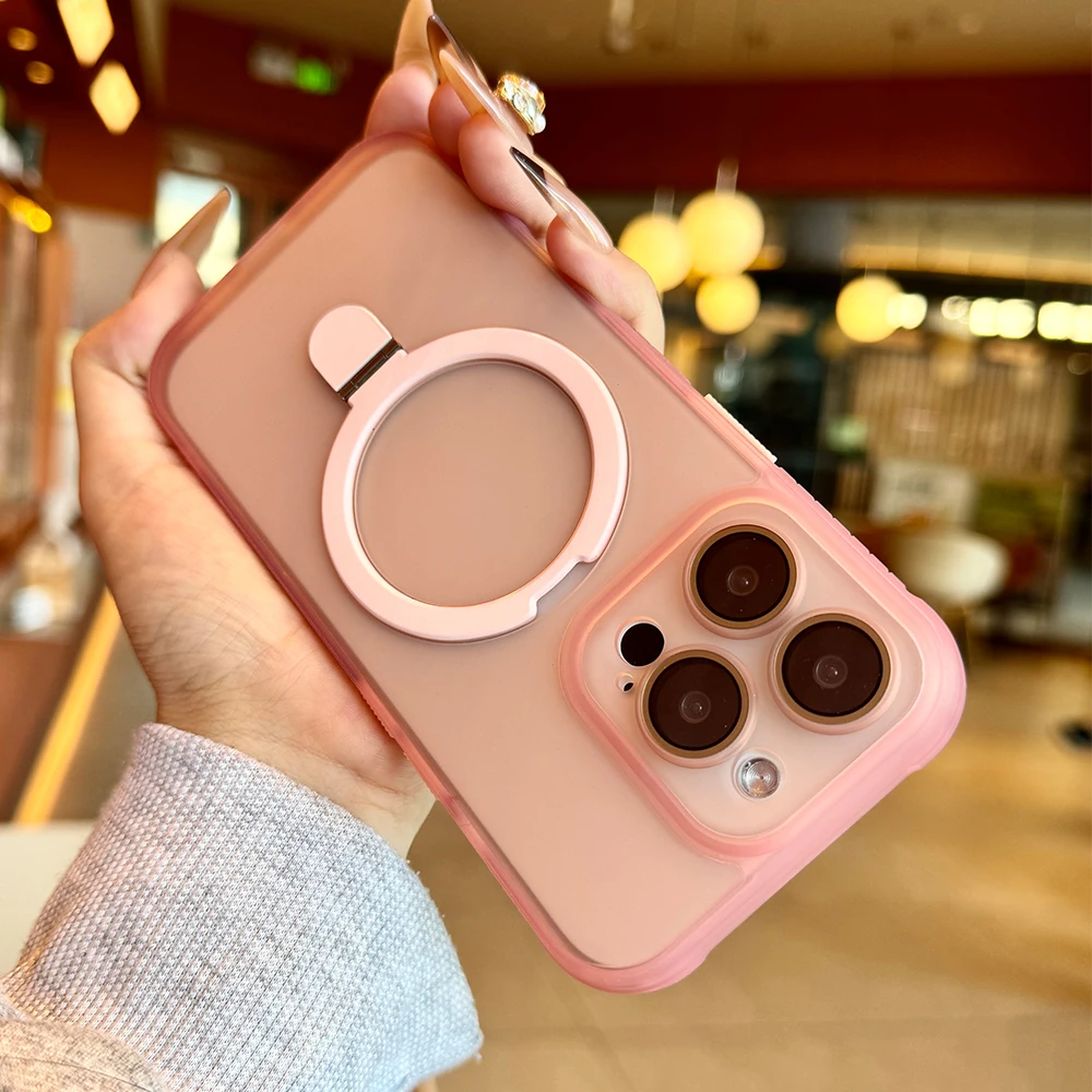 Luxury Matte Translucent Magnetic Ring Stand Phone Case with Lens Protection and Shockproof Design