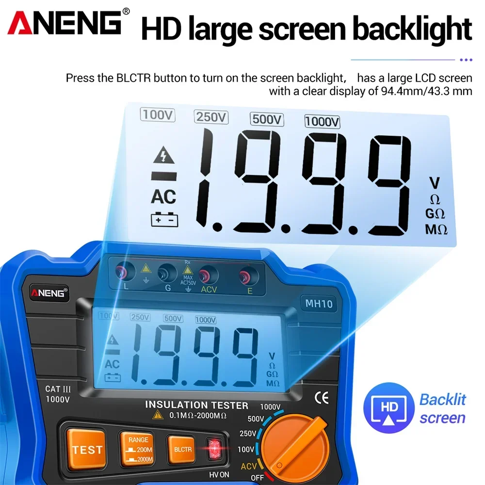 ANENG MH10 Blue Color HD Resistance Meters Ohmmeter Tester 0.1 M&Omega;- 2000M&Omega; Insulation Resistance Test Ohmer Gauge Meters Tools
