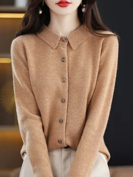 100% Pure Wool Sweater Women's Knitted Cardigan Jacket Polo Collar Basic Long Sleeve Tops Autumn Winter Cashmere Sweater Soft