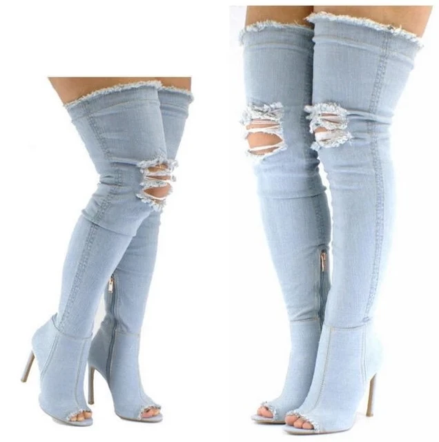 Denim Pink Thigh High Boots Peep Toe 