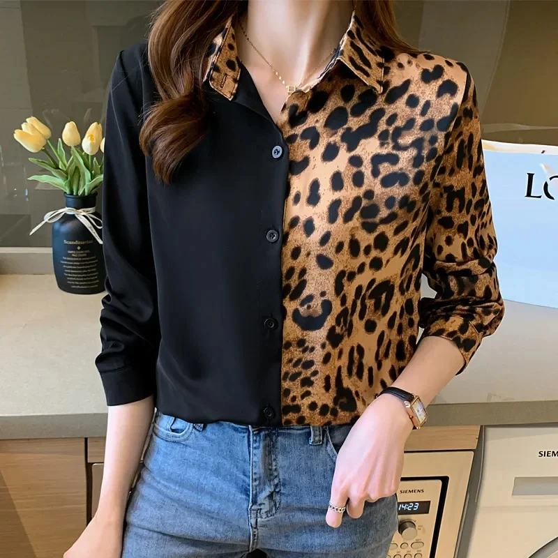Autumn Spring Women's Shirt Black White Cartoon Cat Print Shirt Fashion Slim Fit Long Sleeve Chiffon Shirt Women's Tops