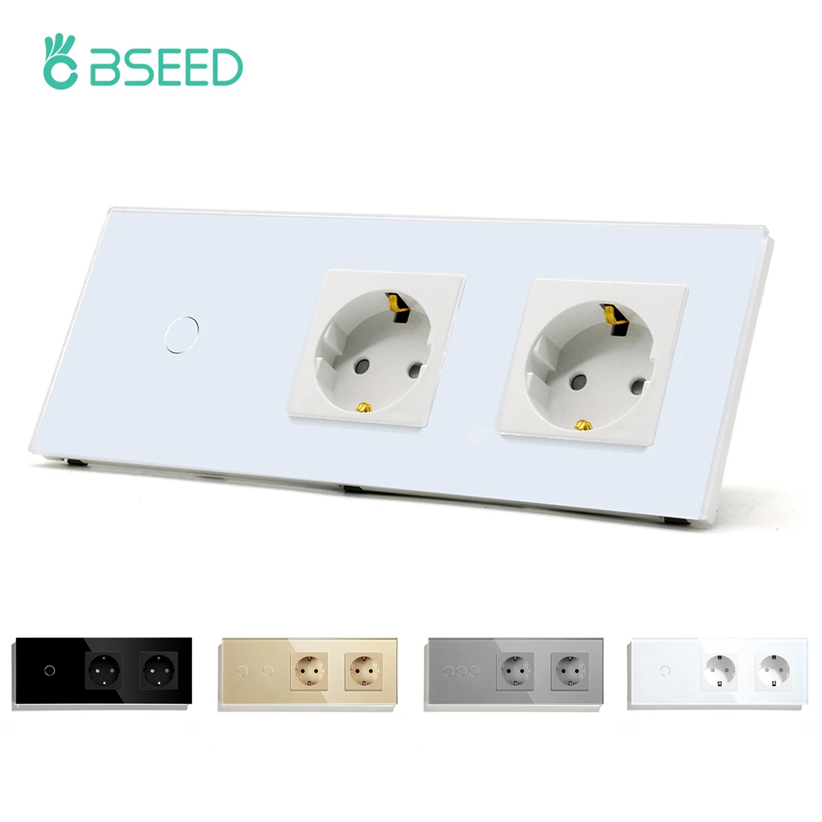 Bseed-interruptor de Parede Padrão Europeu Gang 1way Interruptor com Tomada Dupla ue Preto Branco Dourado Vidro Parede Luz Led
