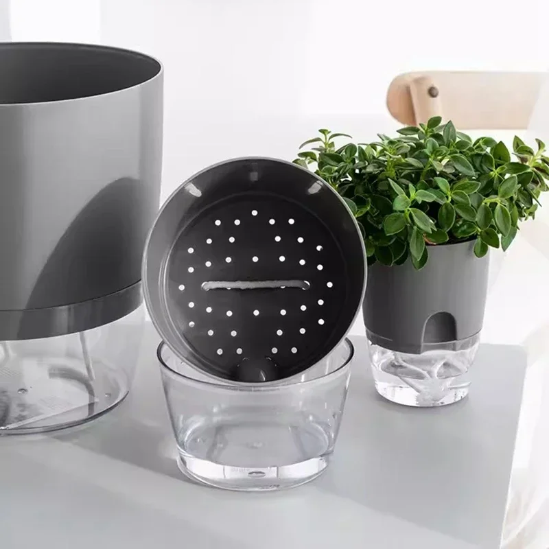 Transparent Self-Watering Hydroponic Flower Pot with Double-Layer Design and Cotton Rope System