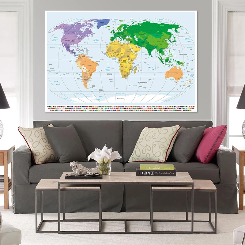 

225*150cm The World Physical Map Non-woven Canvas Painting Wall Decorative Poster and Print Living Room Bedroom Home Decoration